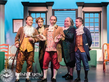 John Adams of Massachusetts (Brent Stone), Thomas Jefferson of Virginia (Scott Gustaveson), Robert Livingston of New York (James Maxted), Ben Franklin of Pennsylvania (Jeff Westlake), and Roger Sherman of Connecticut (Jerry Hoffman) decide that Thomas Jefferson is the best person to write the declaration on independence. Photo by Irish Eyes Photography by Toby.