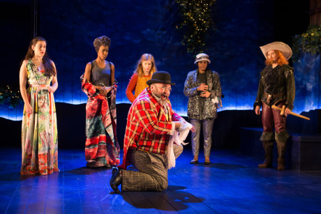 Peter Quince (Richard Ruiz) hams up the stage, leaving his cast: L to R: Dani Stoller, Monique Robinson, Megan Graves, Justina Adorno, and Holly Twyford somewhat perplexed. Photo by Teresa Wood.