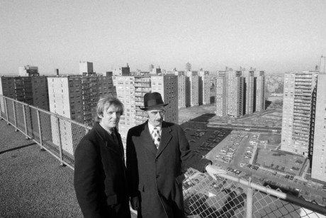 Mr. Trump, right, with his son Donald J. Trump in front of Trump Village in Brooklyn in 1973. Phot by Barton Silverman/The New York Times.