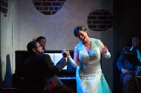 LeVar Betts (Jimmy Powers) and Anya Randall Nebe (Billie Holiday). Photo by Spotlighters Theatre/Chris Aldridge, CM Aldridge Photography. 