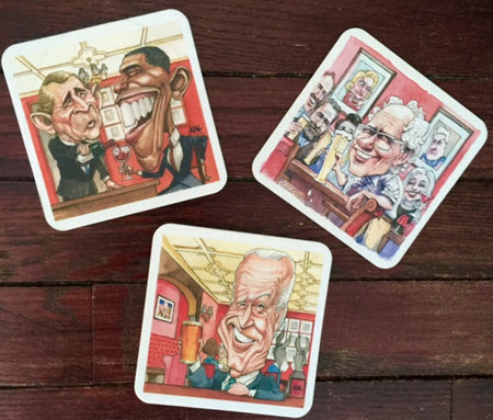 A few of political cartoonist Matt Wuerker’s commissioned coasters.