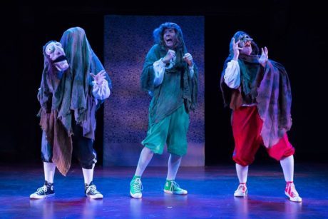 The Reduced Shakespeare Company L to R: Austin Tichenor, Teddy Spencer, and Reed Martin on stage as the Weird Sisters. Photo by Teresa Wood.
