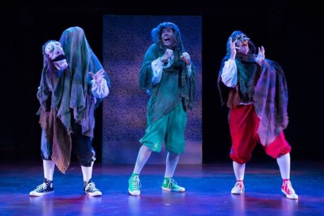The Reduced Shakespeare Company (l to r: Austin Tichenor, Teddy Spencer, Reed Martin) on stage as the Weird Sisters. Photo by Teresa Wood. 