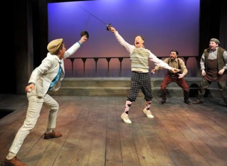 Julia Jensen Ray (Cesario) takes on John Zak (Sir Andrew Aguecheek). William LeDent (Sir Toby Belch) and Michael Gamache (Fabian) encourage the duel. Photo by Kendall Whitehouse.