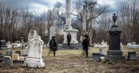 Beowulf Grendel with its three actors at Mount Moriah cemetery. Photo by Daniel Kontz.
