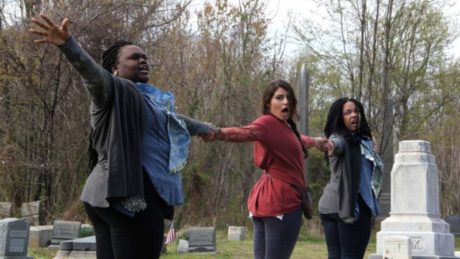 Performers of Renegade Theater Company’s rendition of Beowulf rehearse among the tombstones of Mount Moriah Cemetery. Photo by Emma Lee.