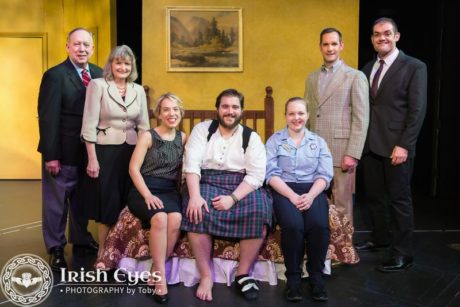 The cast of 'Unnecessary Farce': L to R: Bob Sams, Marilyn Pifer, Brianna Goode, Brendan Chaney, Lynley Peoples, Scott Landsman, and Stephen T. Wheeler. Photo by Irish Eyes Photography by Toby.