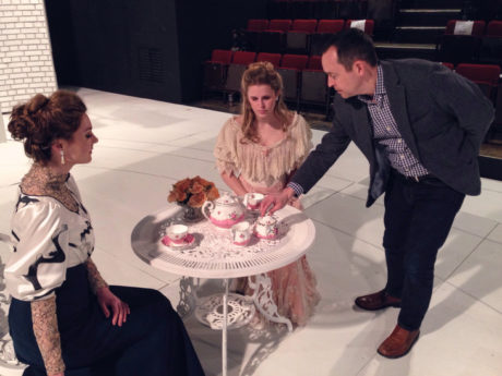 Director, Richard Robichaux works with actresses, Anastasia Davidson (left) and Jordan Cooper (center). Photo by Don Marrazzo.