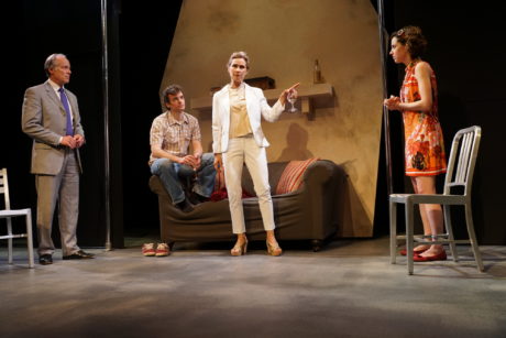 Cast members: Greg Wood, Nate Washburn, Susan Riley Stevens, and Laura Chaneski in Passage Theatre’s White Guy on the Bus. Photo by Michael Goldstein.