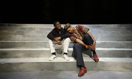 Director Rajendra Ramoon Maharaj, right, leans on actor Amir Randall, who plays Trayvon Martin after a rehearsal for 'The Ballad of Trayvon Martin' at the New Freedom Theatre in Philadelphia. AP Photo/by Matt Slocum.