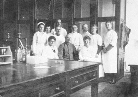 Dr. Max Cohnreich with medical staff at his lab, WWI .