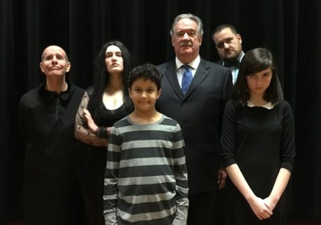 Meet the Addams family: From left are Uncle Fester (Mike Cash), Morticia (Grace McCarthy), Pugsley (Noah Tajudeen), Gomez (Jim Mitchell), Lurch (Joey Olson), and Wednesday (Lucia LaNave). Photo Courtesy of David Jaynes