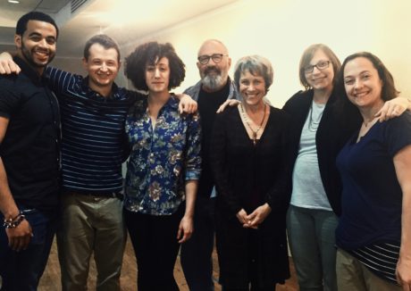 The cast, writer, and director of Another Way Home at Theater J (from left): Thony Mena (Mike T., Joey’s camp counselor), Chris Stinson (Joey, Lillian and Philip’s son), Shayna Blass (Nora, Lillian and Philip’s daughter), Rick Foucheux (Philip), Naomi Jacobson (Lillian), Anna Zeigler (playwright), and Shirley Serotsky (director). Photo: Courtesy of Theater J.