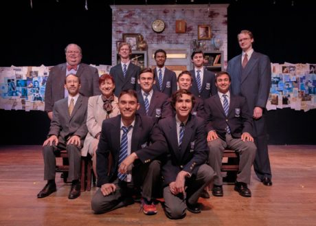 Cast Left to Right - Row 1- Jack Esposito (Rudge), and Joshua Mutterperl (Posner). Row 2- Ned Read (Headmaster), Kate Ives (Dorothy Lintott), Ben Peter (Scripps), Taylor Witt (Dakin), and Kevin Nejad (Akthar). Row 3- Jeffrey Westlake (Hector), Matt Stevenson (Lockwood), Bobby Ramkissoon (Crowther), Noah Mutterperl (Timms), and Mike Dobbyn (Irwin). Photo by Keith Waters /Kx Photography.