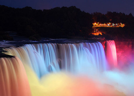 The colorful Falls at night. Photo courtesy of Fresh Destinations.com. 