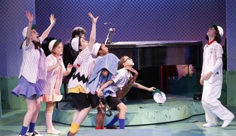 The cast: (Left to Right): Mavis Simpson-Ernst (Lucy), Milly Shapiro (Sally), Joshua Colleyas (Charlie Brown), Jeremy T. Villas (Linus),Gregory Diazas (Schroeder), and Andaiden Gemme (Snoopy). Photo by Carol Rosegg.