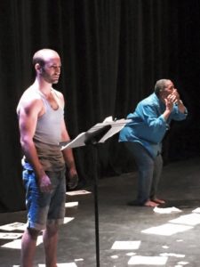 horeographer Darren Rabinowitz and Playwright Caleen Sinette Jenning perform "Prevention," one of nine theater pieces created for (Re)Acts #Orlando at Forum Theatre. Photo courtesy Forum Theatre.