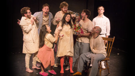The cast of ‘Golden Smile’: (Upper, left to right) David Cutler (Critic), Andy McCain (Writer), Isaac Boorstin (Angry Actor), Robert DiDomenico (Loathing Actor), and Flynn Harne (Messenger). Lower: L to R: Sofiya Cheyenne (Director), Jody Doo (Sarcastic Actor), and Gavin Bazalar (Critic). Photo by Mo Rabani.