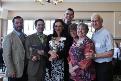 2nd Star Production team after being awarded it's Ruby Griffith Award: From Left to Right: Brian Mellen (Nathan Detroit), Nathan Bowen (Producer), Debbie Barber-Eaton (Director), Andrew Gordon (Choreographer), Sandy Griese (Music Director), Joanne Wilson (Stage Manager), and David Robinson (Arvide Abernathy).