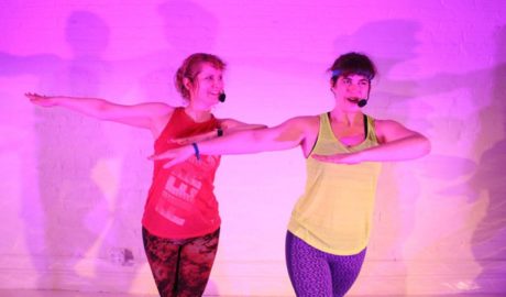 L to R: Amy Staats and Megan Hill in ‘The Last Class: A Jazzercise Play.’ Photo by Reid Thompson.