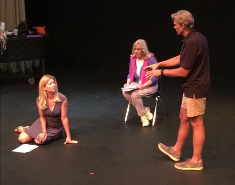 Rehearsal of ‘Breathing Under Dirt’ in July in Los Angeles. L to R: Cynthia Watros (Patience), Tina Sloan (Grace), and Director Grant Aleksander. Photo by Emma Rose Marie Gilliland.