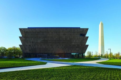  Vista of the Museum from Constitution Avenue, looking across the north lawn to the Washington Monument. Photo by Alan Karchmer/NMAAHC.