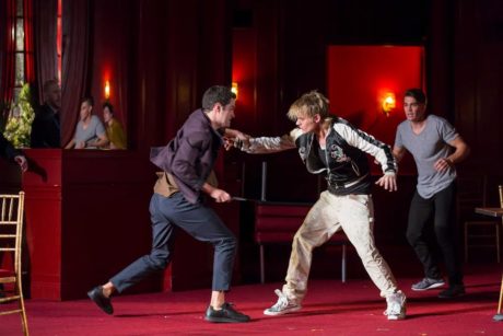 Alex Mickiewicz (Tybalt), Jeffrey Carlson (Mercutio), and Andrew Veenstra (Romeo). Photo by Scott Suchman.