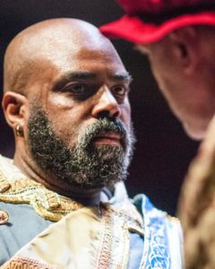After eloping with Desdemona, Othello (Jason B. McIntosh) endures the wrath of her father, Brabantio (Jeff Keogh). Photo by Teresa Castracane.