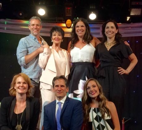 Back Row: L to R: Adam Pascal, Chita Rivera, LindsayKate Baldwin, Adam Pascal, Chita Rivera, Lindsay Mendez, and Andrea Burns. Front Row: L to R: Kate Baldwin, Seth Rudetsky, and Laura Osnes and Laura Osnes. Photo by William Megevick.