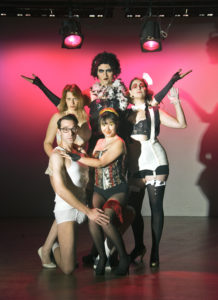 Top: Eric Jones as Frank N. Furter; L-R: Tracy Haupt as Janet Weiss, Katie Rattigan as Magenta, Jeremy Blaustein as Brad Majors, and Karli Cole as Columbia. Photo by Badi Reinhold.