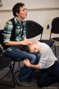 Here are Tia Shearer and Jenna Rossman in rehearsal. Photo courtesy of The Edge of the Universe Players 2.