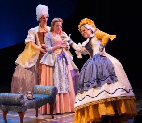 Mrs. Potts and Madame de la Grande Bouche attempt to calm Belle. [L-R: Maggie Robertson, Jessica Lauren Ball, and Rachel Zampelli. Photo courtesy of Imagination Stage.