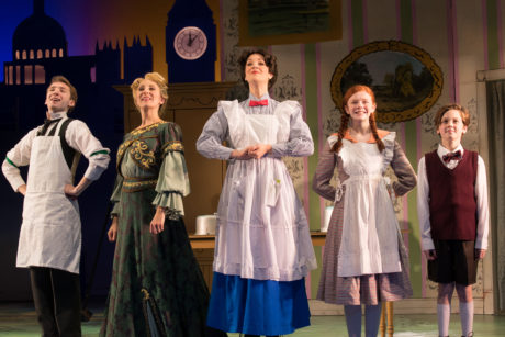 Danny Meglio (Robertson Ay), Liz Pearce (Winifred Banks), Analisa Leaming (Mary Poppins), Katherine LaFountain (Jane Banks) and Christopher McKenna (Michael Banks). Photo by Keith Kowalsky.