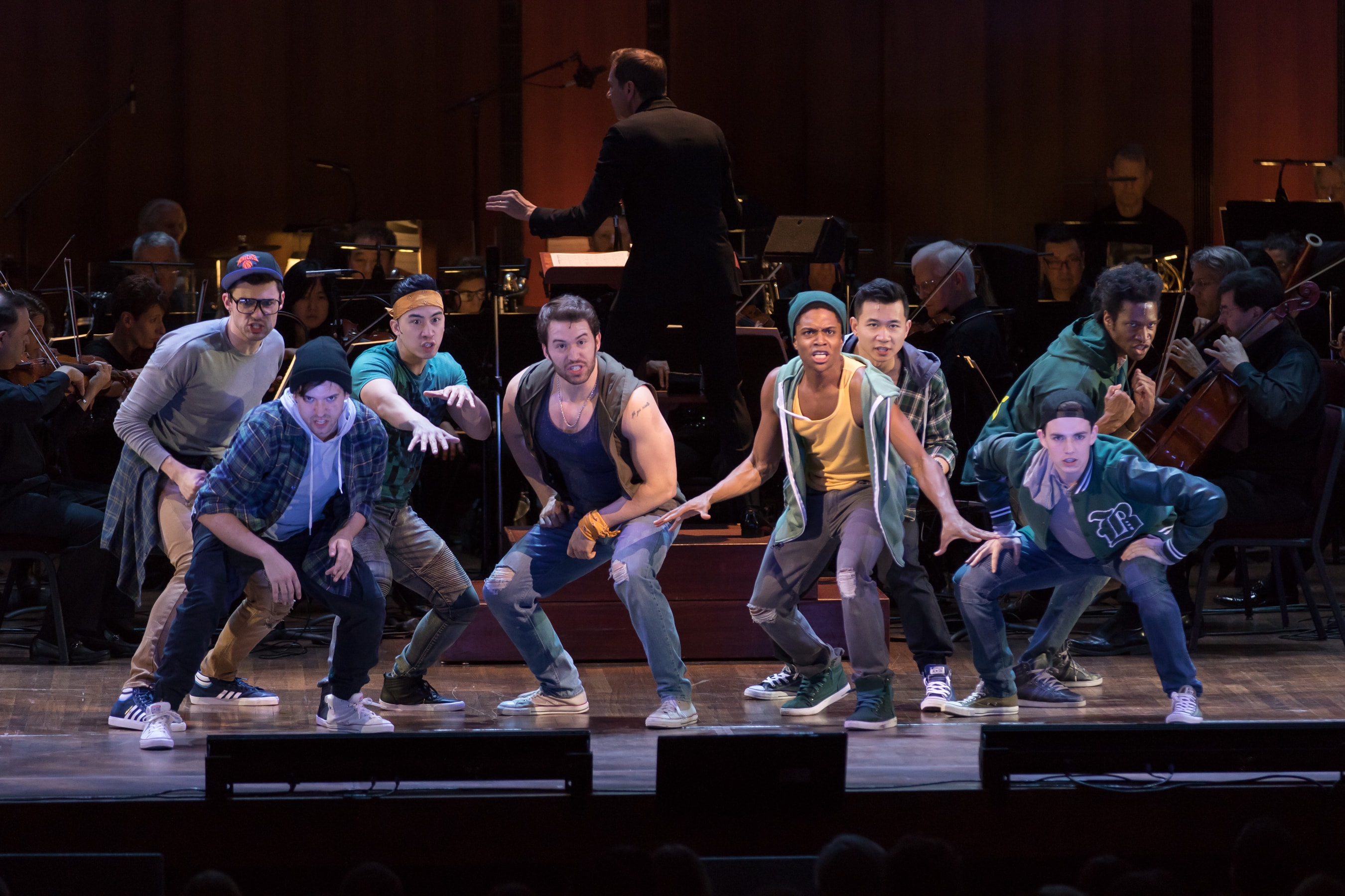The Jets, backed by the NSO Pops Orchestra, in West Side Story. Photo by Scott Suchman.
