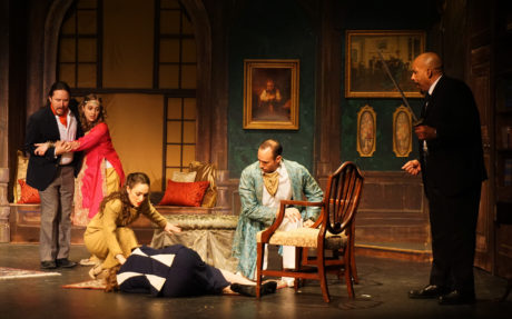 Erin Lorenz, James Huchla, Christa Kronser, Jeanne Louise, Andrew Parr, and Wendell Holland in The Musical Comedy Murders of 1940. Photo by Nathan Bowen. 