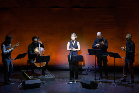 Caroline Shaw, accompanied by Brooklyn Rider, sings in DEMO by Damian Woetzel: Now. Photo by Teresa Wood.