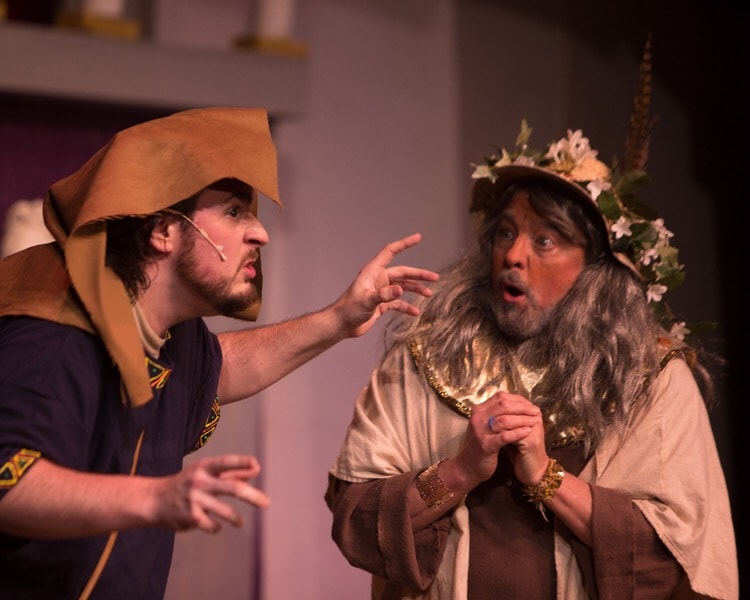 Bob Gudauskas (Pseudolus) and Todd Hochkeppel (Erroneous) in A Funny Thing Happened on the Way to the Forum. Photo by Russell Wooldridge.