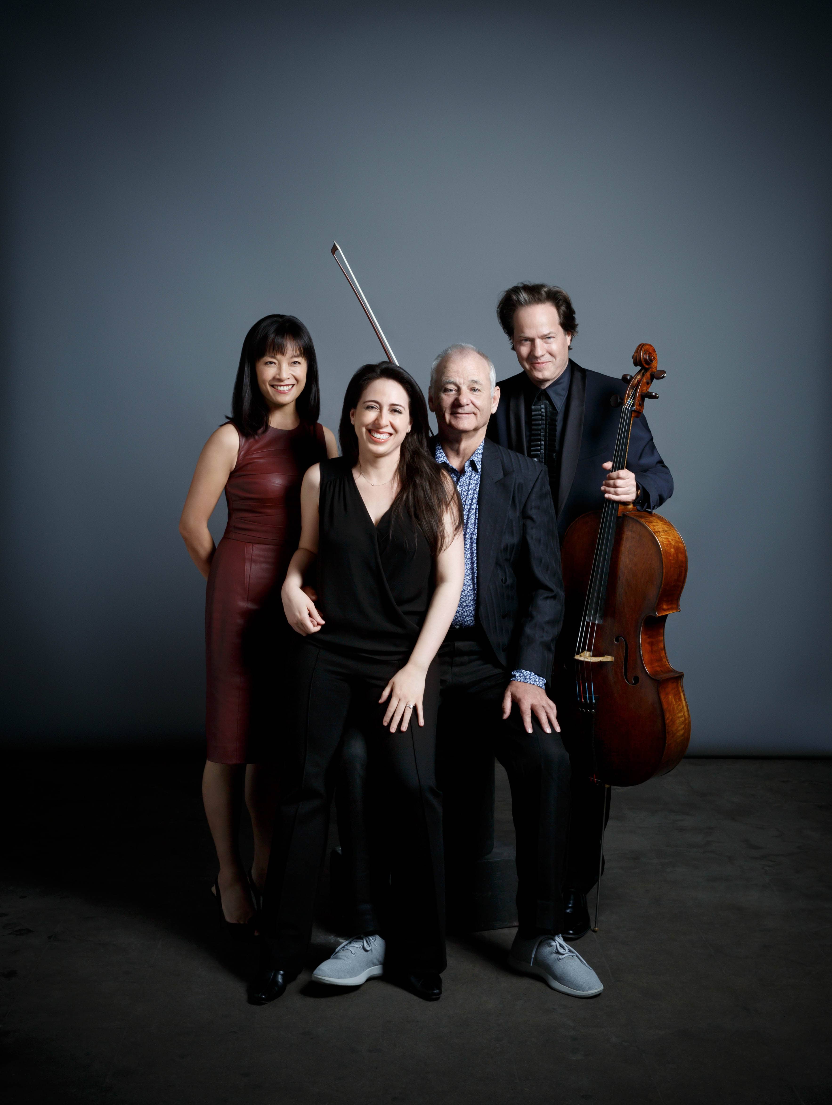 Mira Wang (violin), Vanessa Perez (piano), Bill Murray (narrator), and Jan Vogler (cello). Photo by Peter Rigaud.