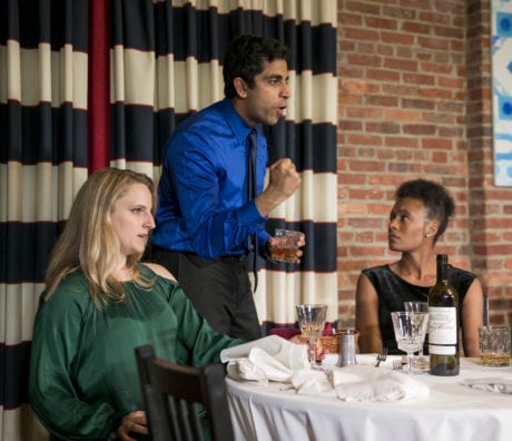  Left Katie Wicklund as Emily, Par Juneja as Amir, Right, Auyne' Boone as Jory in Compass Rose Theater's Disgraced by Ayad Akhtar.Photo credit Stan Barouh.