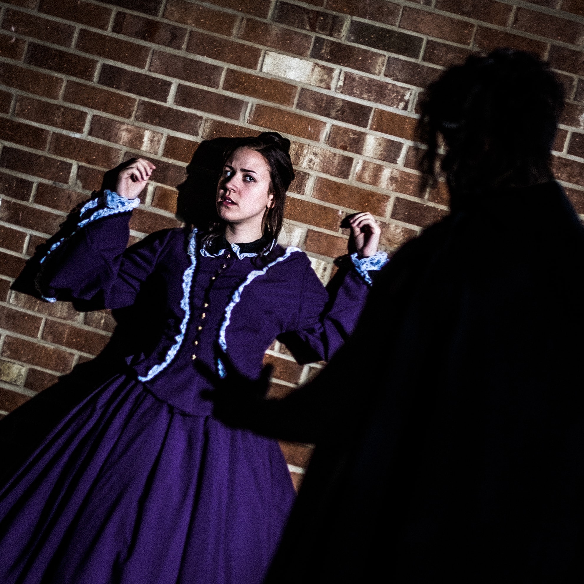 Creation (Tennyson Harris) demands recompense of Elizabeth Lavenza (Madelyn Dominiski) in Frankenstein. Photo by Nathan Jackson.