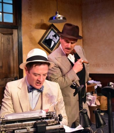 Chuck O'Toole as Hildy Johnson and David Whitehead as Walter Burns in the Providence Players production of The Front Page on stage April 6 thru April 21. Photo by Chip Gertzog, Providence Players.