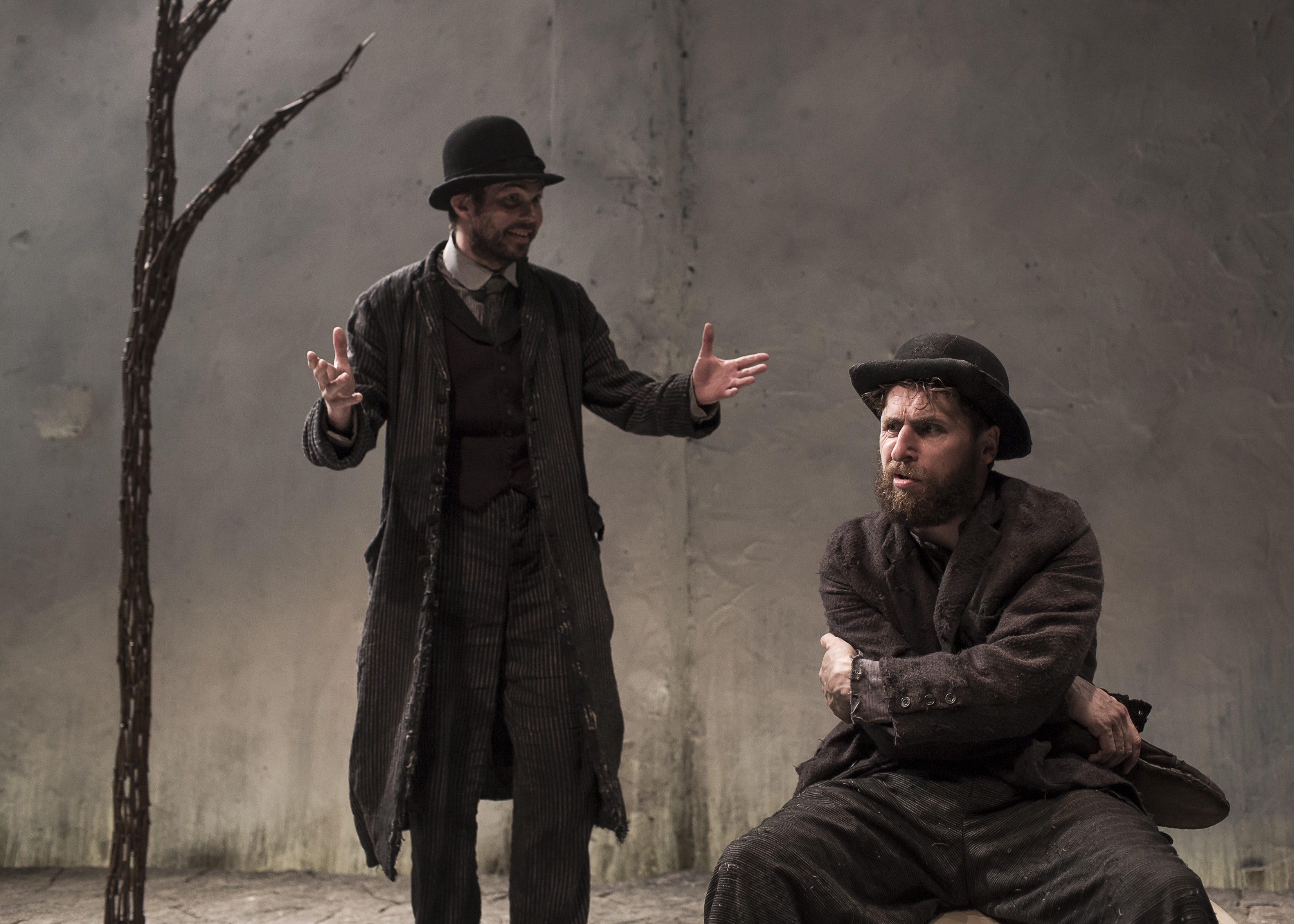 Marty Rea as Vladimir and Aaron Monaghan as Estragon in the Druid production of Waiting for Godot, directed by Garry Hynes. Photo by Matthew Thompson.