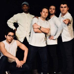 The cast of “Altar Boyz” by Rockville Musical Theatre. From left to right: Luis “Matty” Montes as Abraham, Michael Mattocks Jr. as Mark, Justin Douds as Matthew, Nick Cox as Juan, and Evan Neufeld as Luke. Photo courtesy of Rockville Musical Theatre.