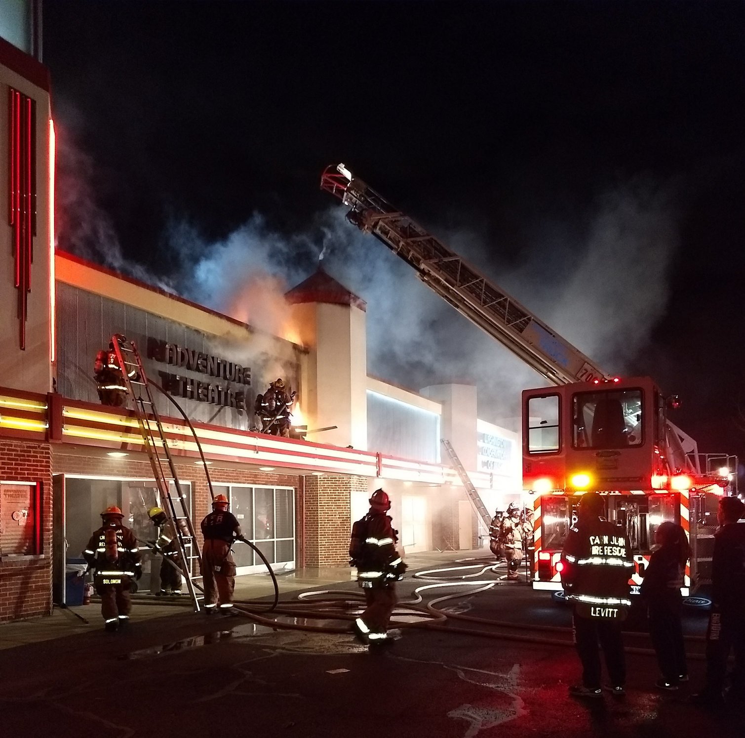Firefighters battle the March 2nd, 2018 fire at Adventure Theatre. Photo by Glen Echo Park Partnership for Arts and Culture.