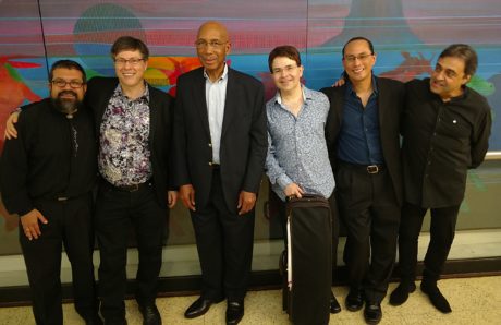 L-R: Carlos Cesar Rodriguez (piano), Joel Phillip Friedman (composer), Ephriam Wolfolk (double bass), Leonid Sushansky (violin/artistic director), Leland Nakamura (drums) and Julian Milkis (clarinet), following the National Chamber Ensemble's concert Today's Classical and Jazz Masters. Photo by Robert Jansen.