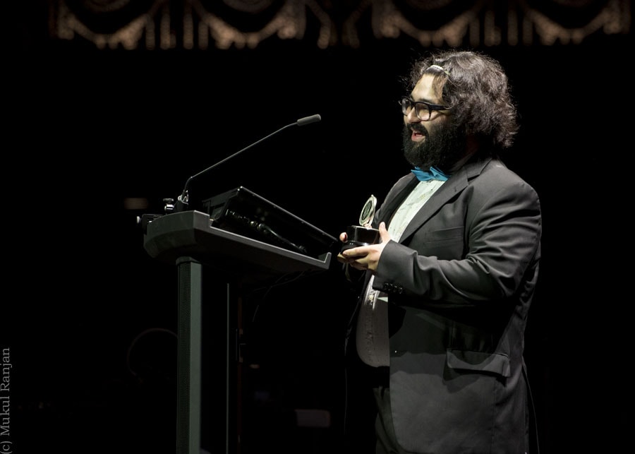 Walter "Bobby" McCoy accepting his award for Oustanding Music Direction (Helen) for In the Heights at GALA Hispanic Theatre. Photo by Mukul Ranjan Photography.