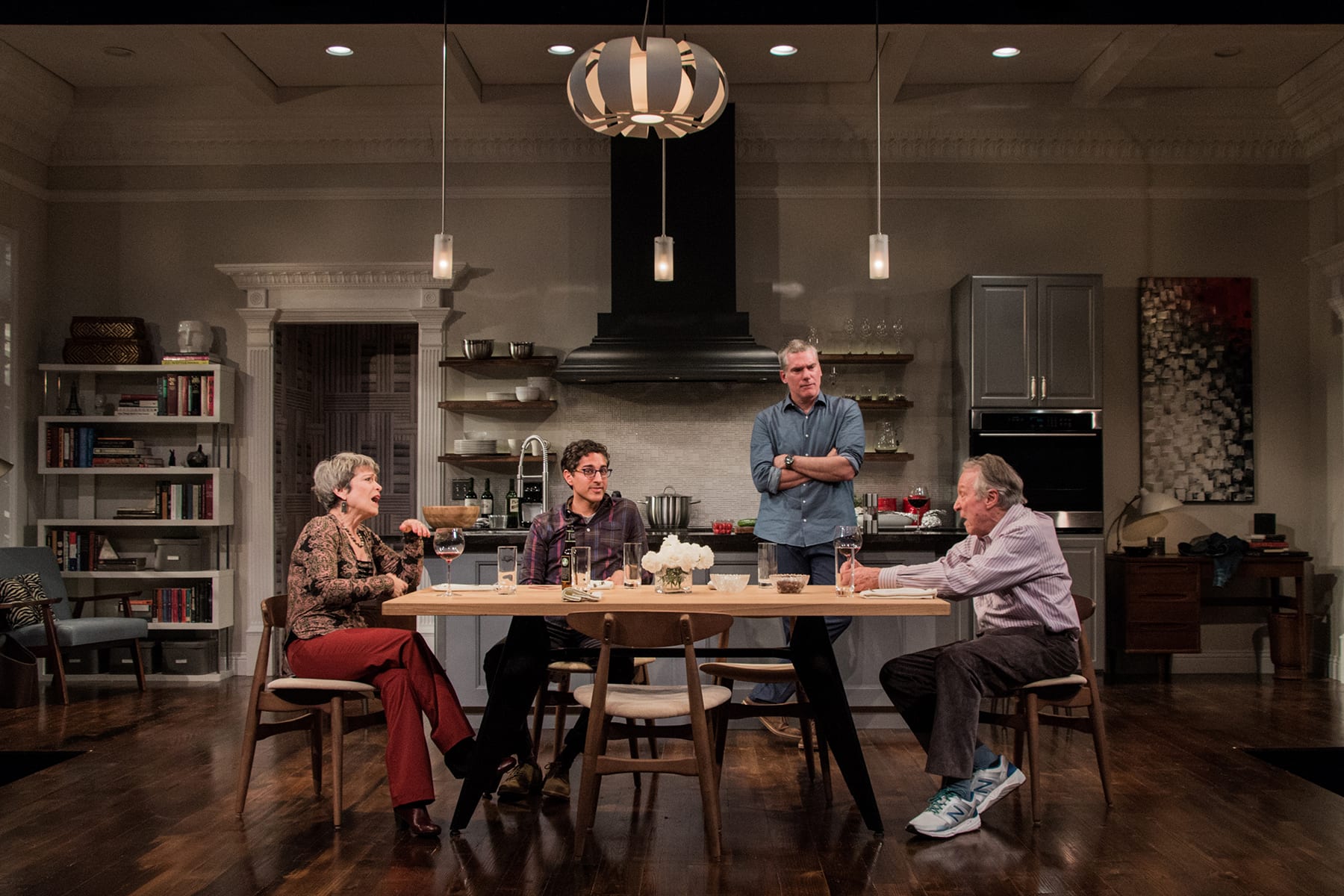 Naomi Jacobson (Trish), Maulik Pancholy (Kevin), Glenn Fitzgerald (Theo), and Greg Mullavey (Len) in The Remains. Photo by Teresa Wood. 