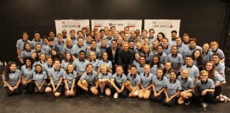 2018 Jimmy® Awards nominees with guest speakers Benj Pasek and Justin Paul. Photo by Henry McGee/NHSMTA.