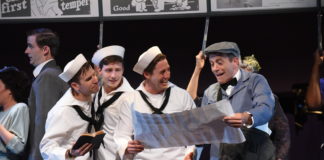 Evan Casey (Chip), Sam Ludwig (Ozzie), Rhett Guter (Gabey), and Bobby Smith (Bill Poster) in On The Town, now playing at Olney Theatre Center. Photo by Stan Barouh.
