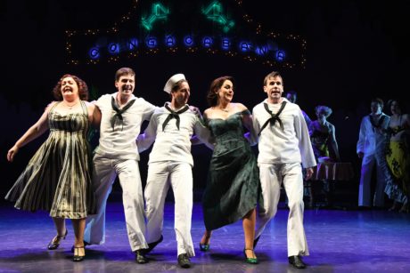 Tracy Lynn Olivera (Hildy Esterhazy), Sam Ludwig (Ozzie), Rhett Guter (Gabey), Rachel Zampelli (Claire De Loone), and Evan Casey (Chip) in On the Town at Olney Theatre Center. Photo by Stan Barouh.
